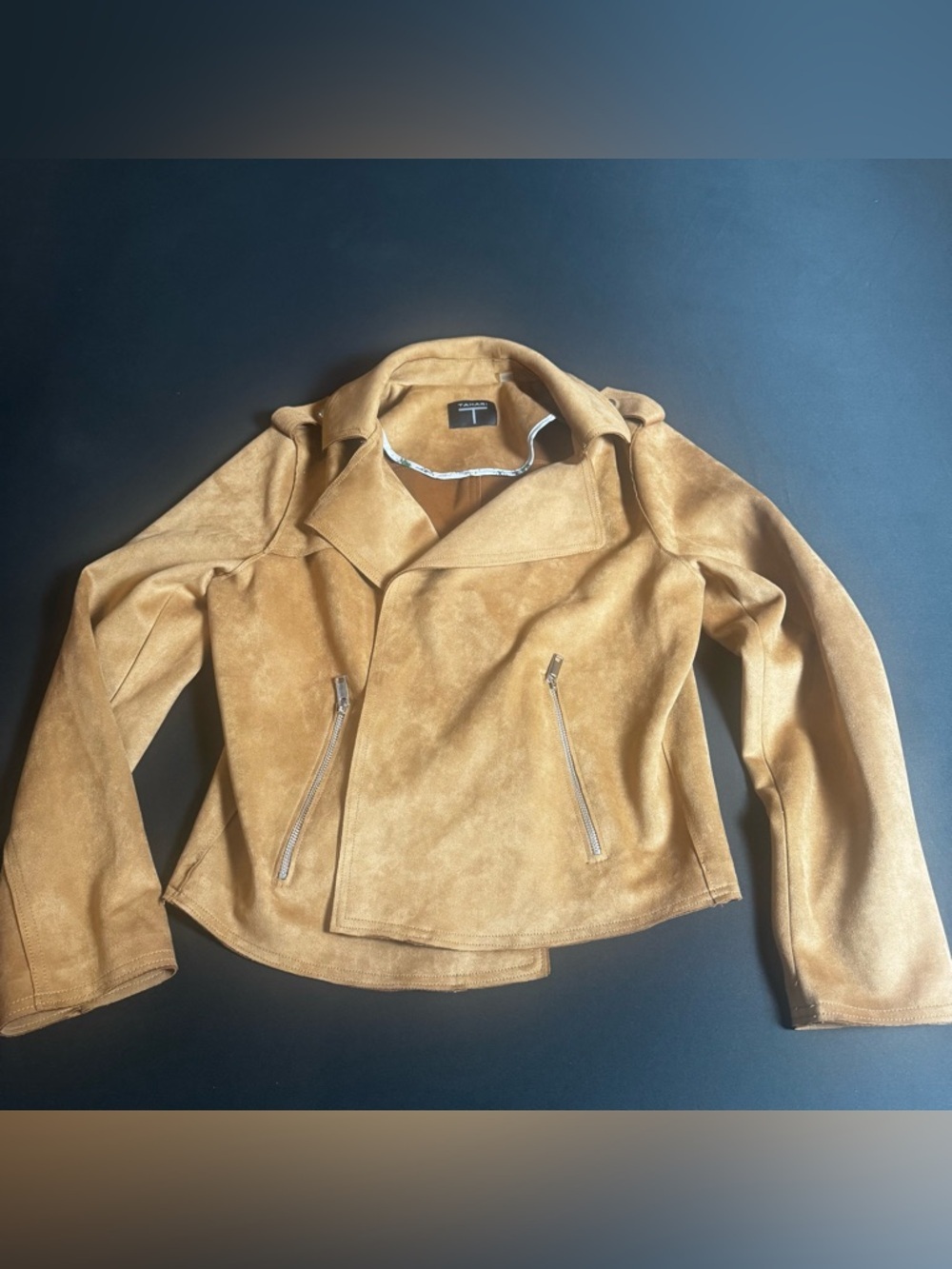 Tahari Faux Suede Moto Jacket Camel Tan | Size Large Lightweight Jacket
